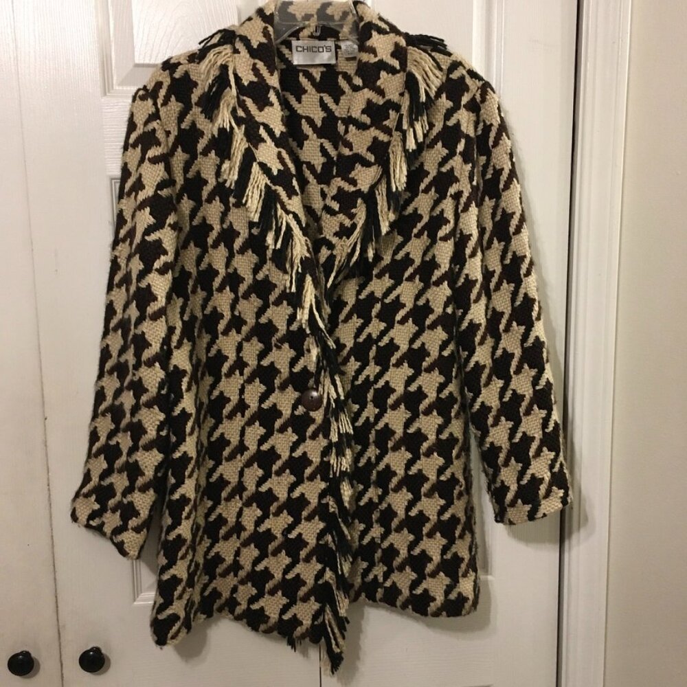 Chico's Houndstooth Chunky Knit Wool Blend Jacket/Coat